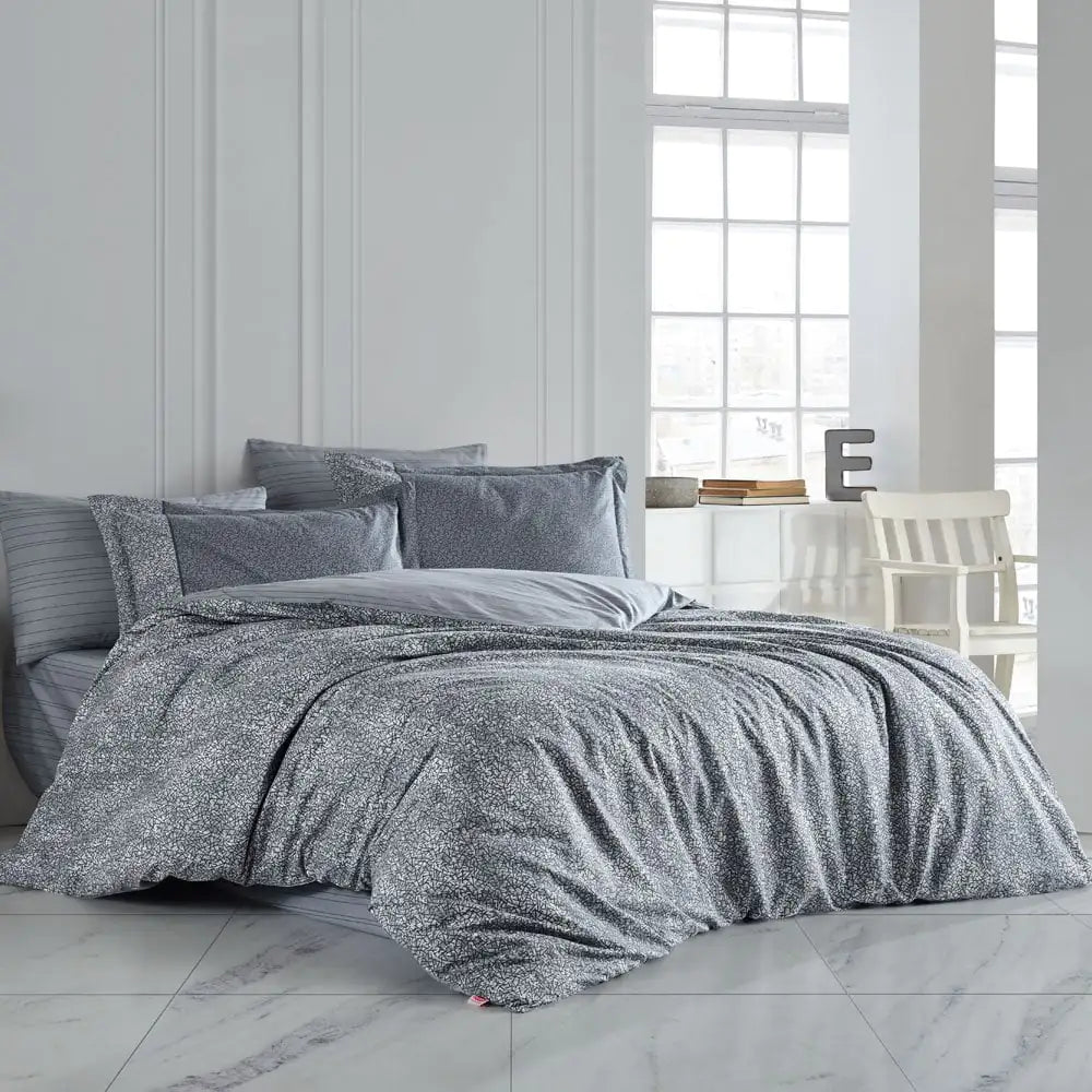 Silvana Gray Poplin Double Duvet Cover Set - 100% Turkish Cotton Bedding