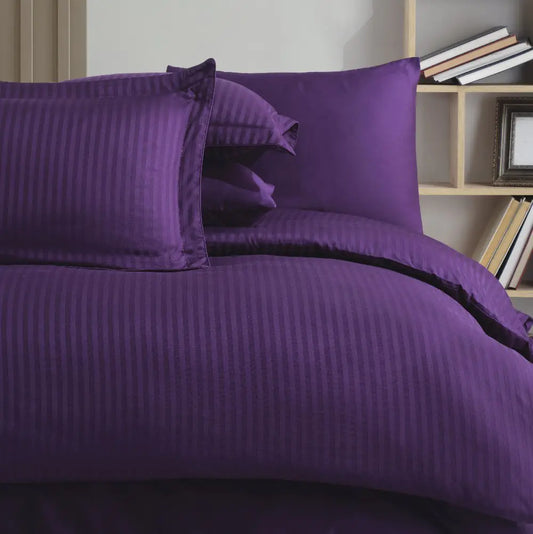 Purple Striped Jacquard Satin Duvet Cover Set - Double Size