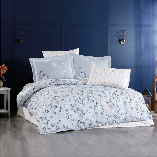 Navy Blue Floral 100% Cotton Poplin Double Duvet Cover Set with Pillowcases