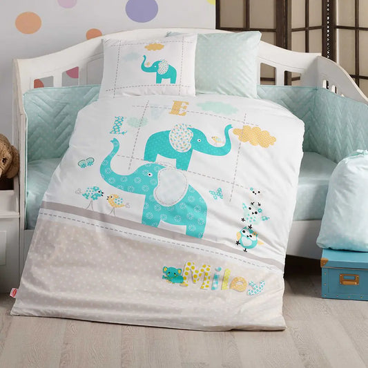 Turquoise Baby Duvet Cover Set - 100% Organic Cotton, Soft Nursery Bedding with Sheet & Pillowcases