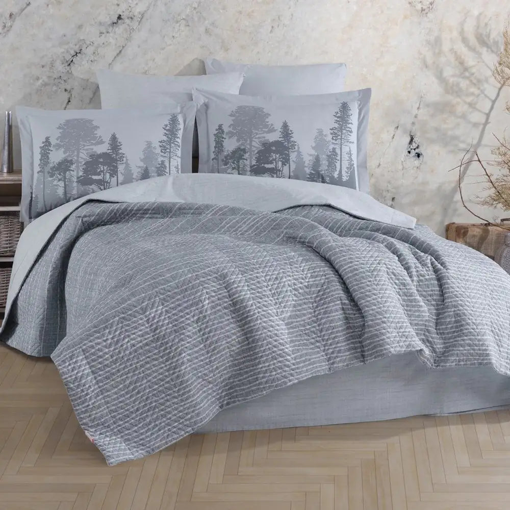 Double Poplin Kapitone Duvet Cover Set in Tully Gray - 100% Cotton