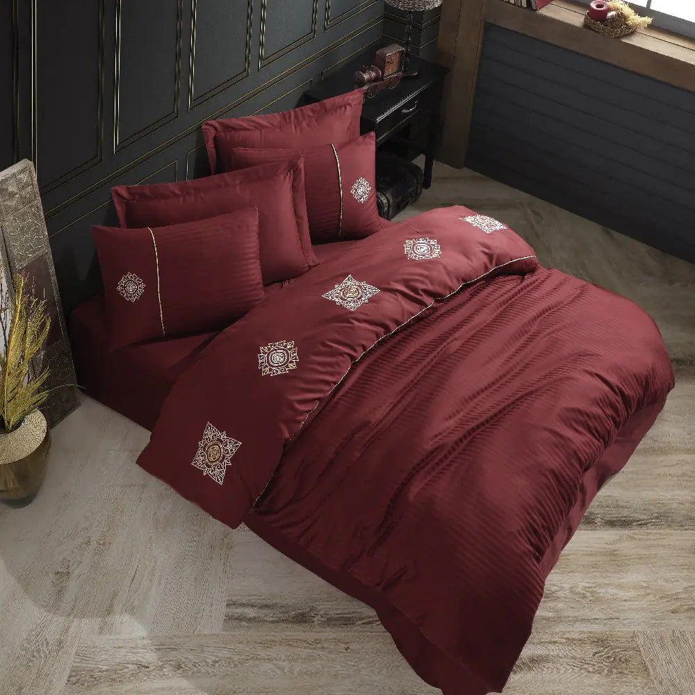 Bordeaux Double Embroidery Satin Duvet Cover Set