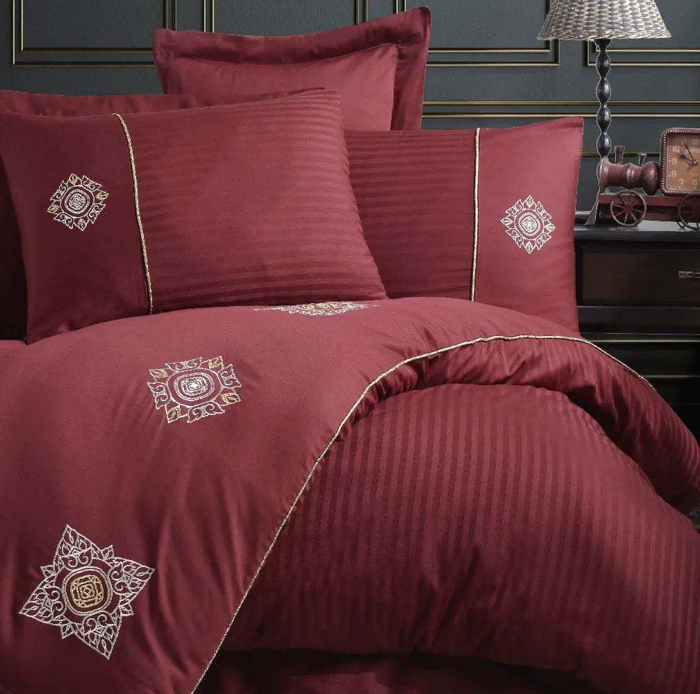 Bordeaux Double Embroidery Satin Duvet Cover Set