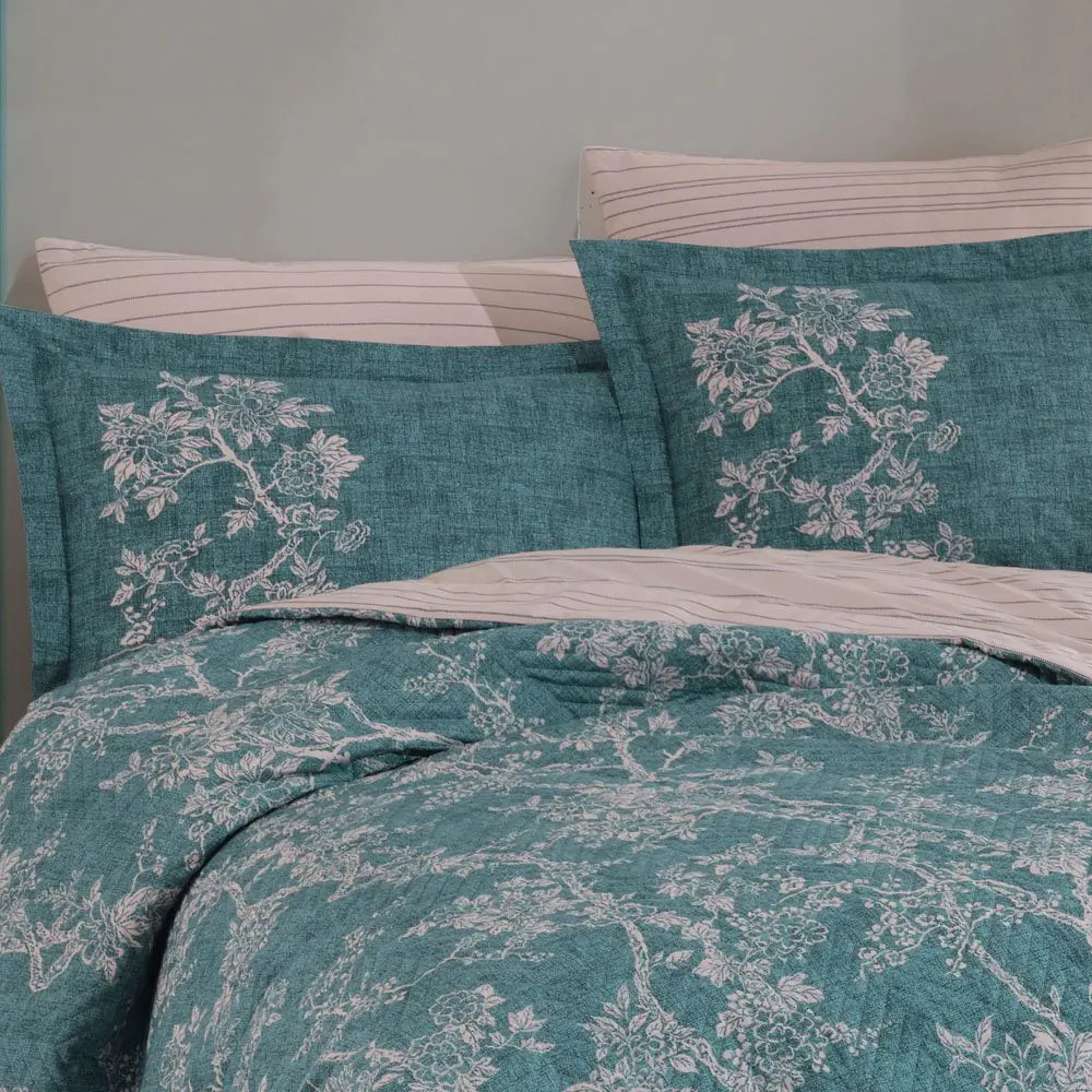 Quilted Turquoise Cotton Poplin Duvet Cover Set - Double Size