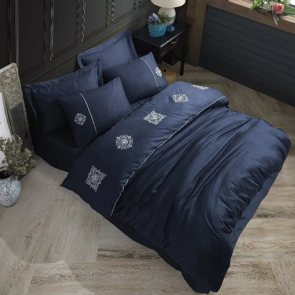 Navy Blue Double Embroidery Satin Duvet Bedding Set