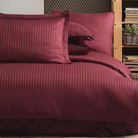 Striped Burgundy Jacquard Satin Duvet Cover Set for Double Bed