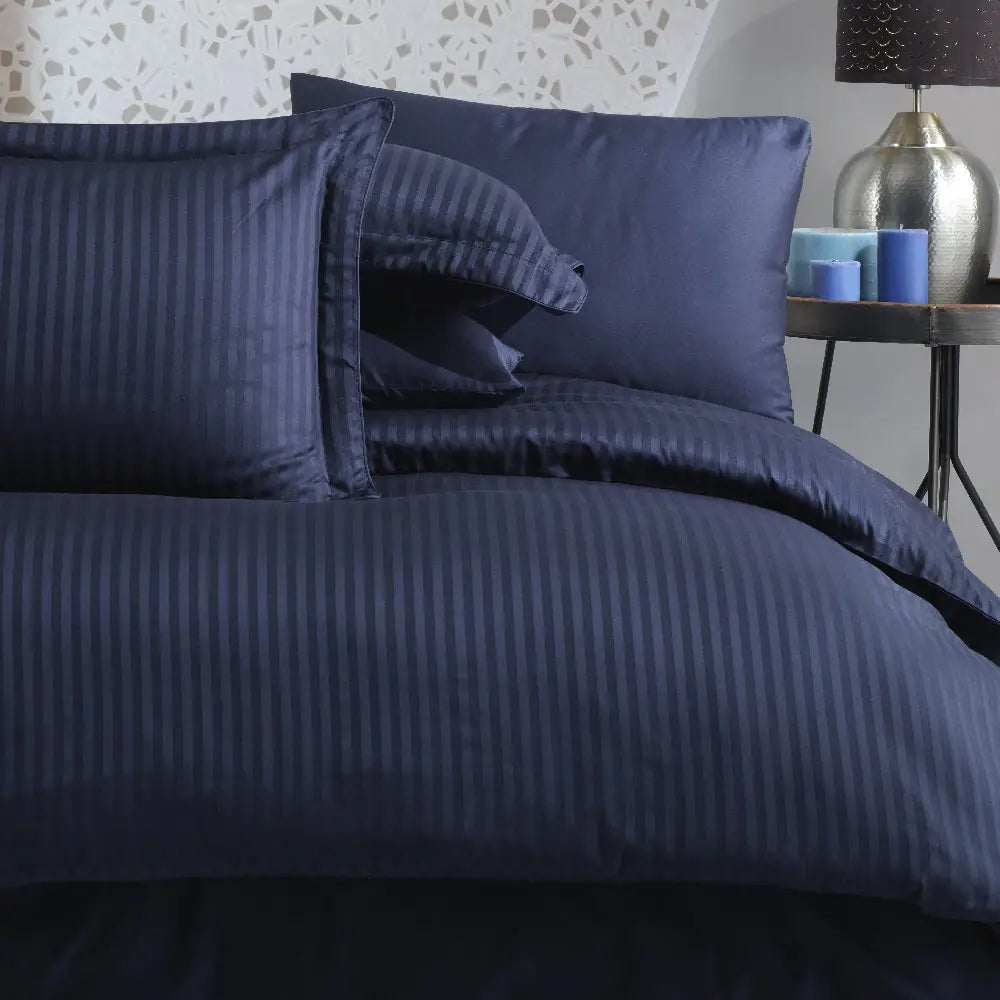 Navy Blue Hobby Striped Double Jacquard Satin Bed Linen Set