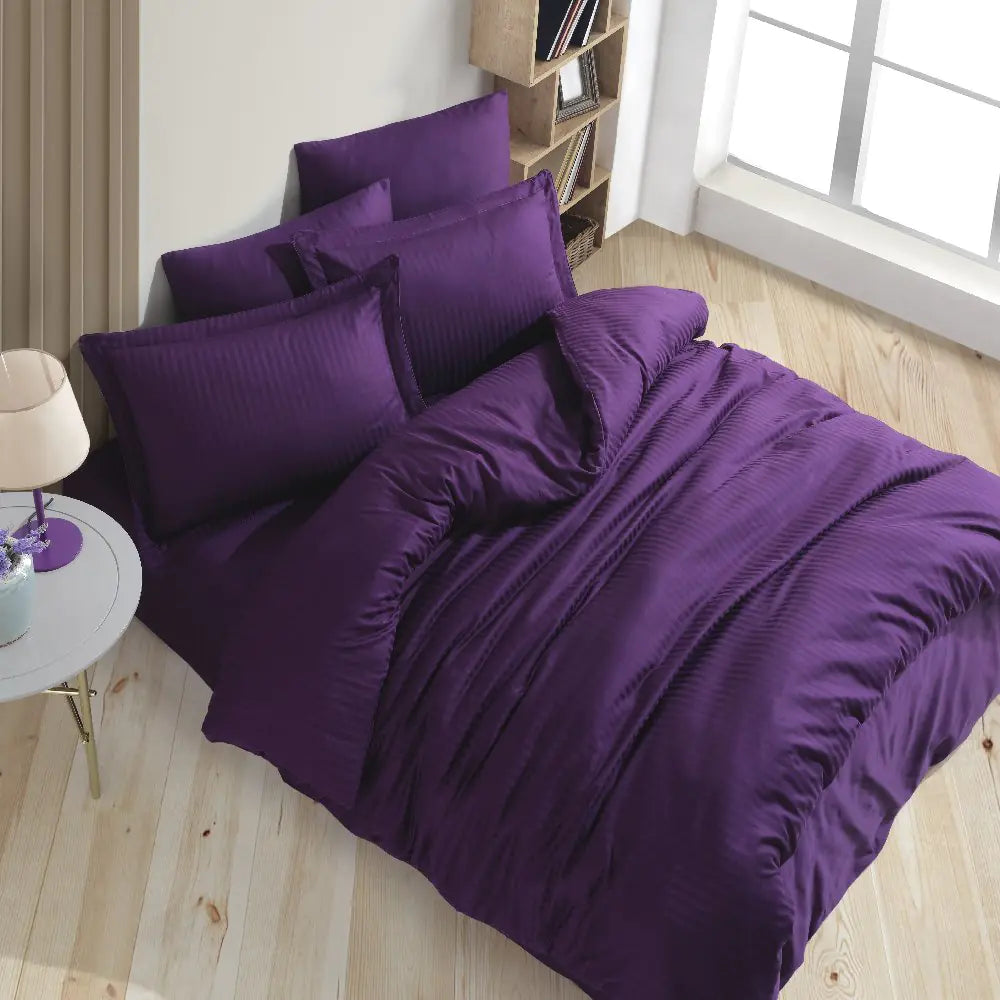 Purple Striped Jacquard Satin Duvet Cover Set - Double Size