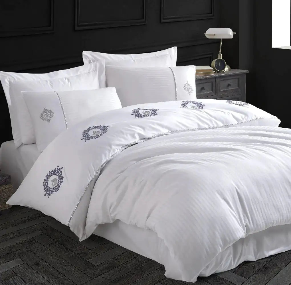 Luxury Satin Double Embroidery Duvet Cover Set, 100% Cotton