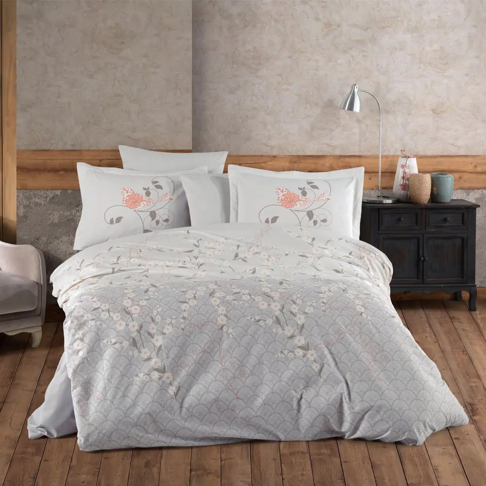 Gray Poplin Double Duvet Cover Set, 100% Cotton