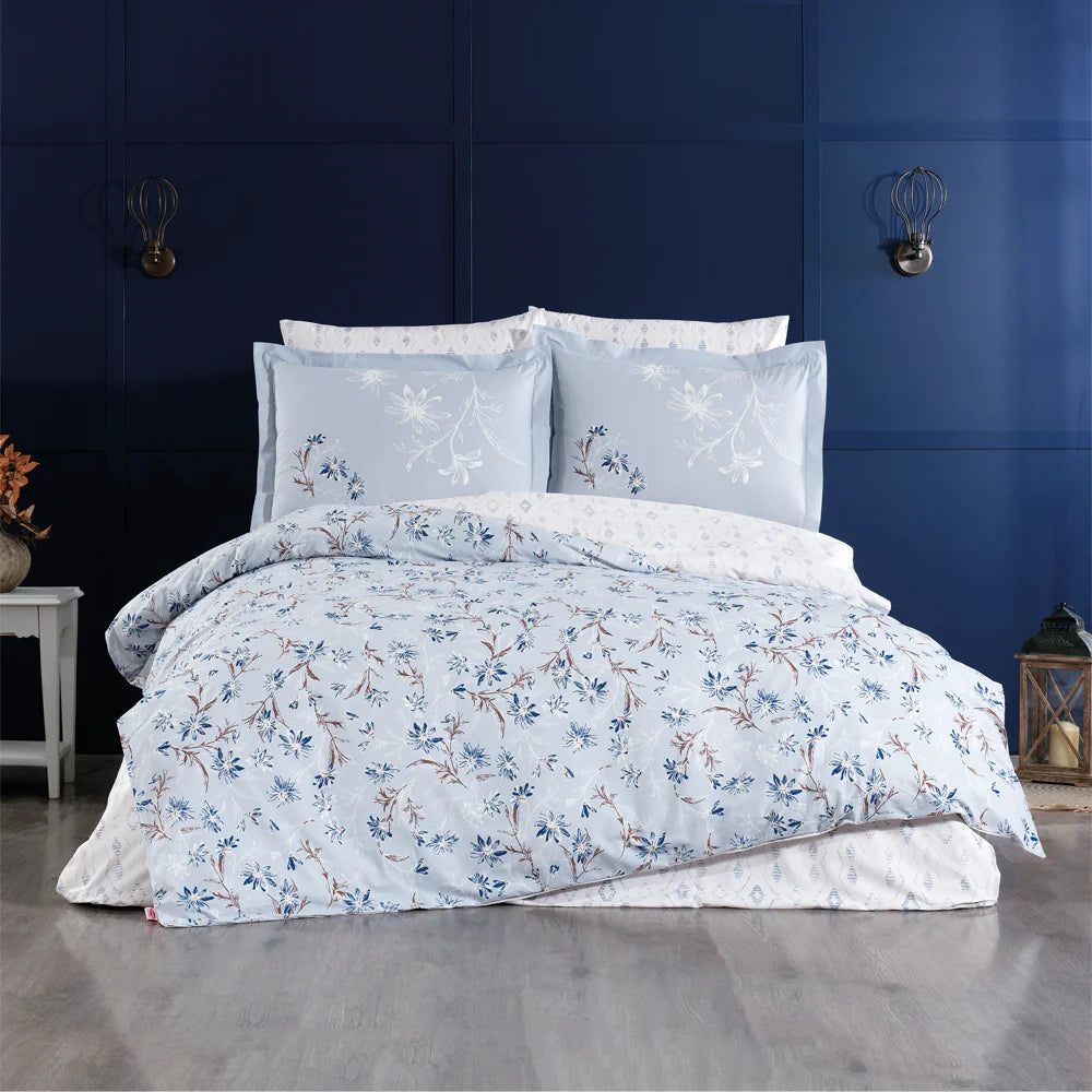 Navy Blue Floral 100% Cotton Poplin Double Duvet Cover Set with Pillowcases