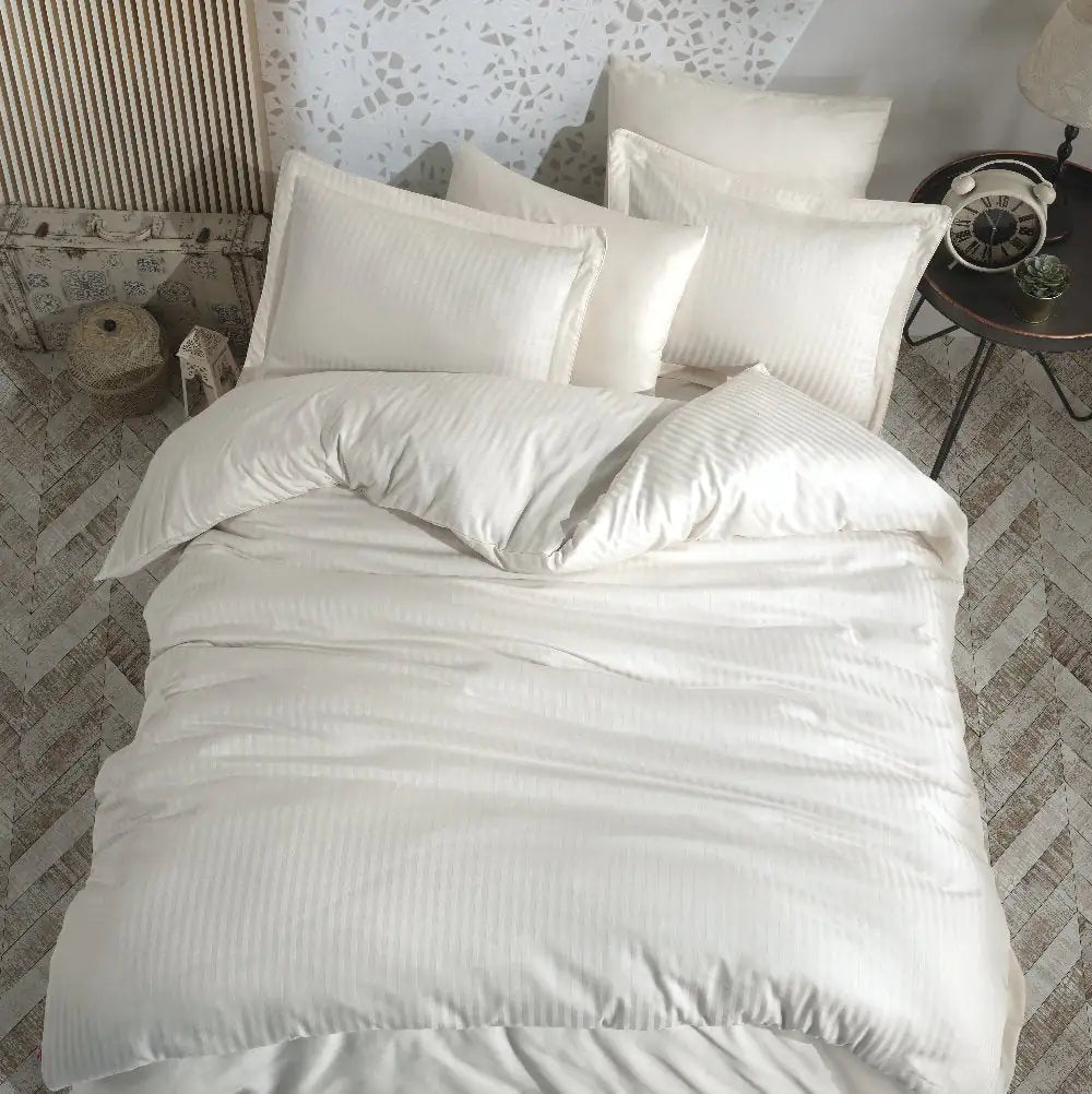 Hobby Striped Cream Jacquard Satin Duvet Cover Set - 100% Cotton Bedding