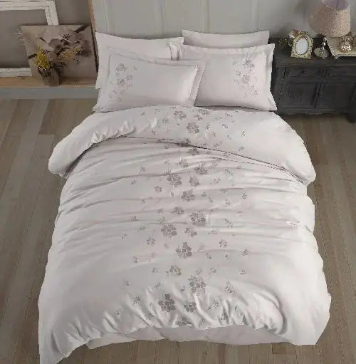 Double Embroidered Poplin Duvet Cover Set - Cream