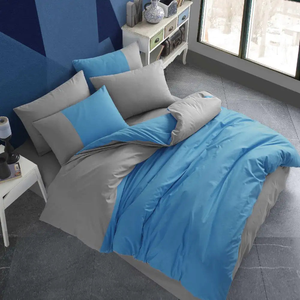 Duvet Cover Set in Diamond Blue Poplin, Double Size