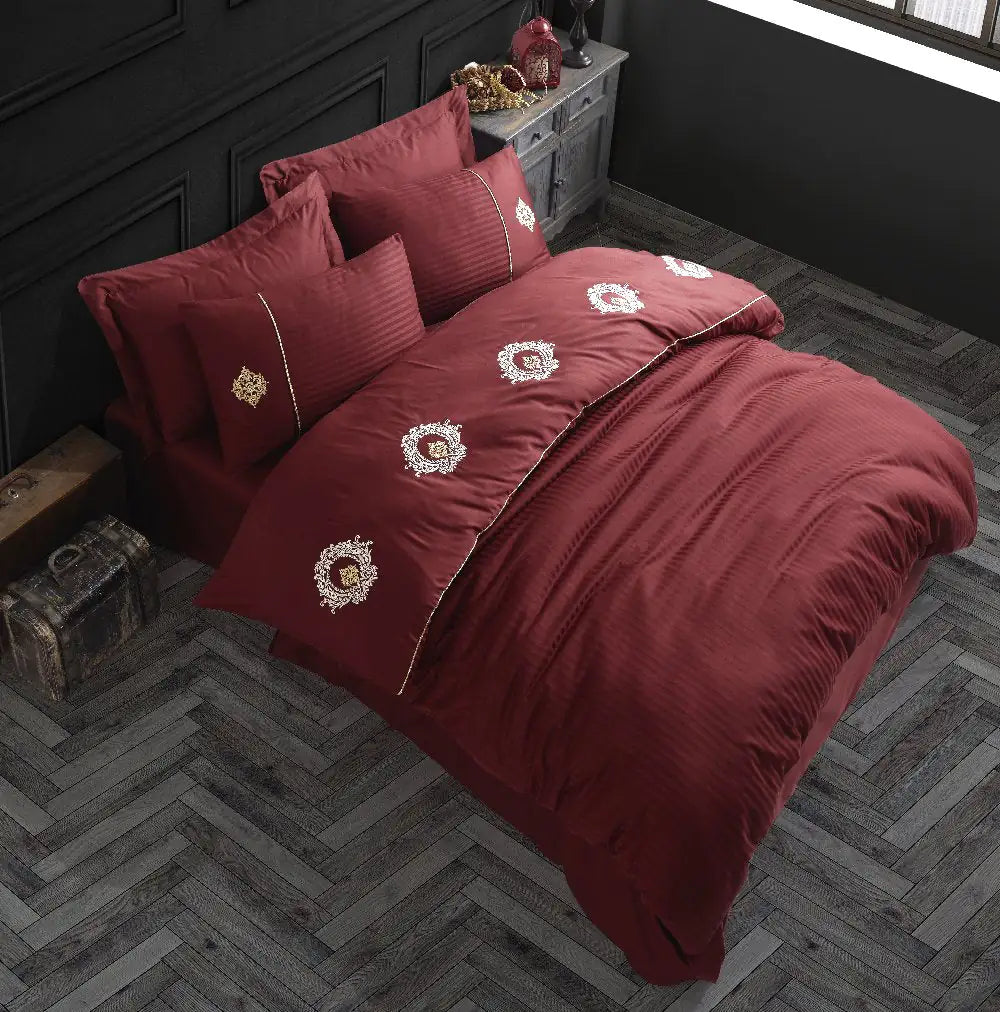 Satin Duvet Cover Set with Double Embroidery in Olympos Bordeaux