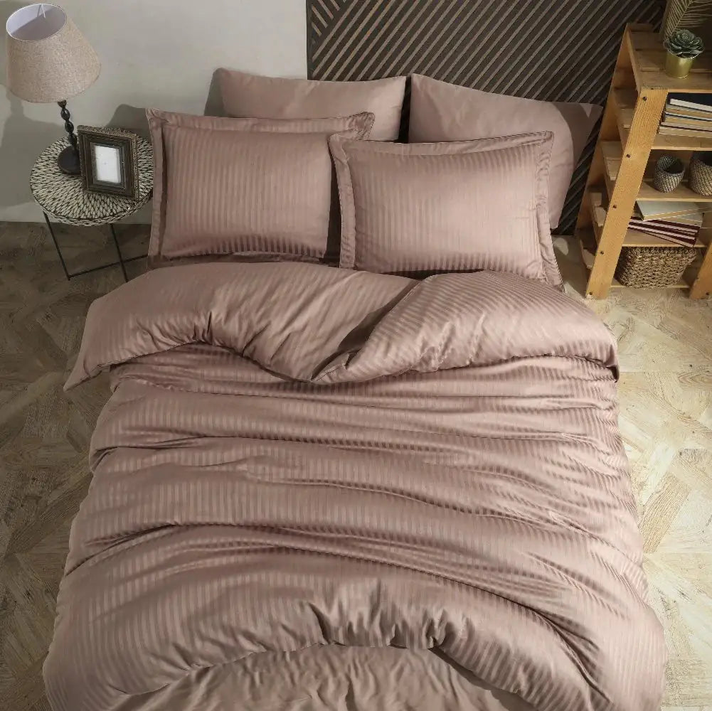 Double Jacquard Satin Duvet Cover Set - Milk Coffee Striped Design