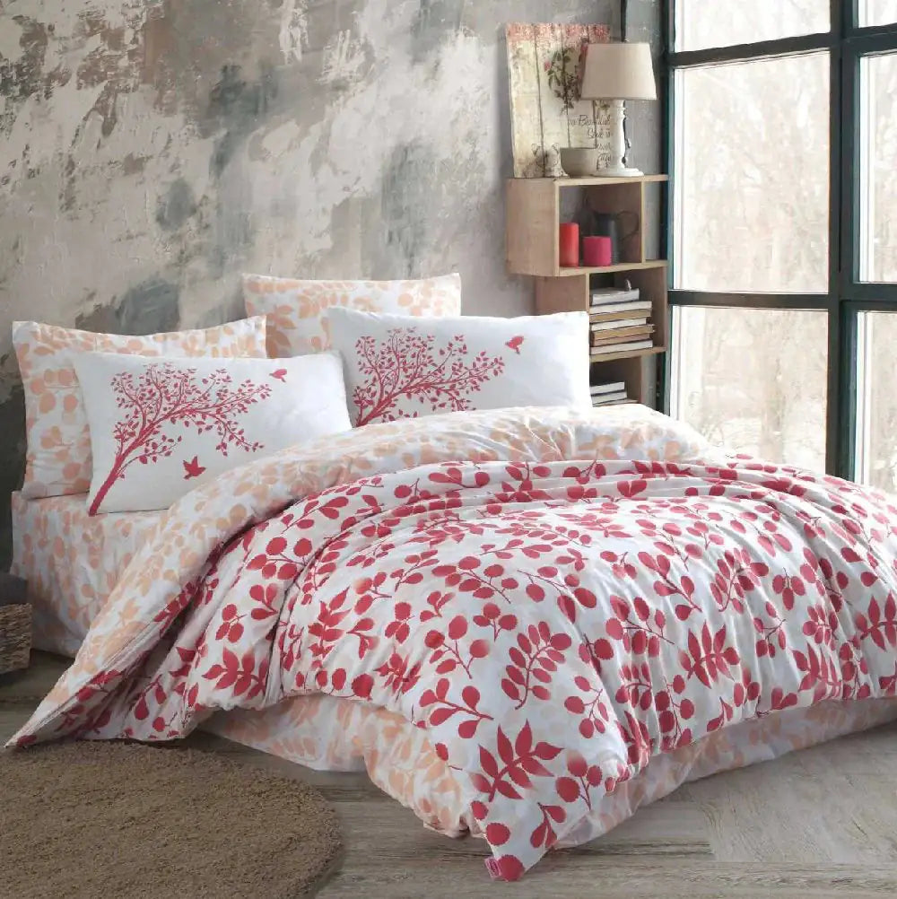 100% Cotton Single Duvet Cover Set - Red Floral Embroidered Bedding