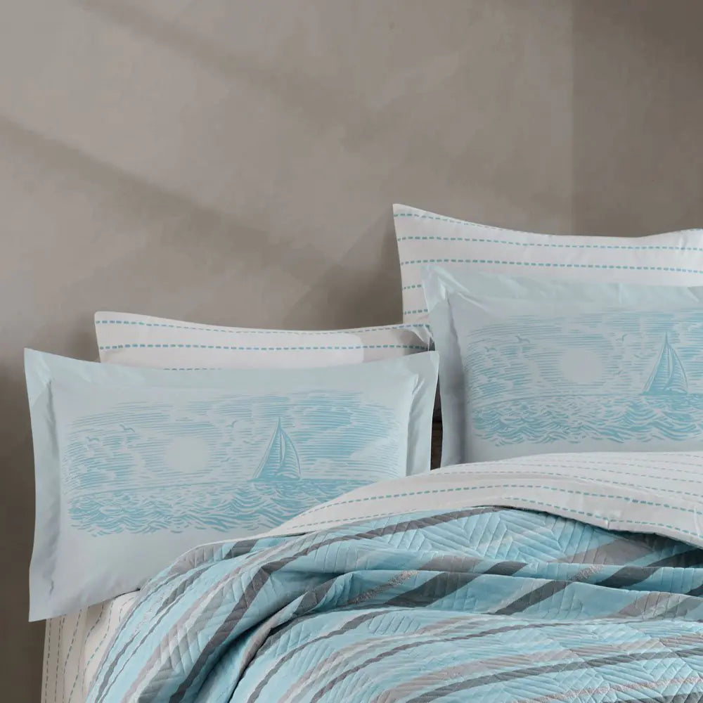 Double Quilted Poplin Duvet Cover Set - Aqua Blue