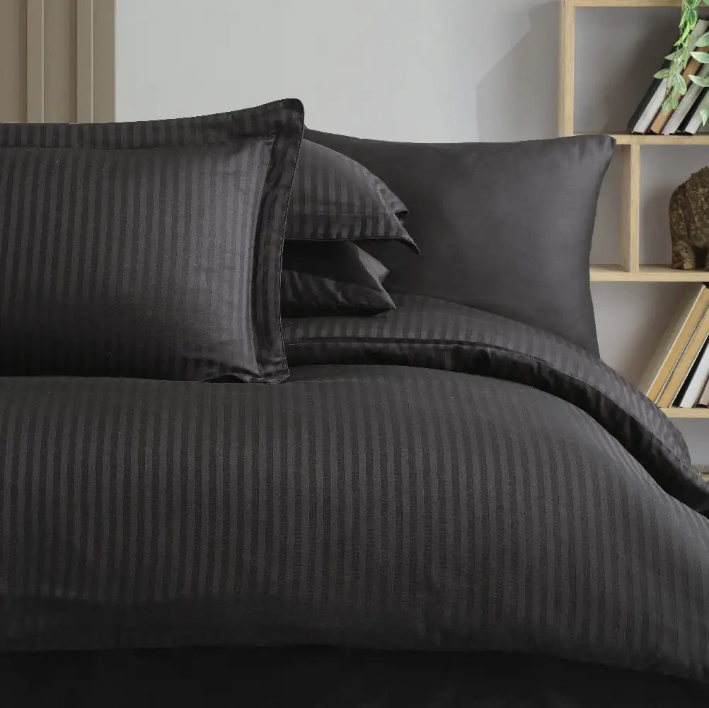 Black Striped Jacquard Satin Duvet Cover Set - Double Bed