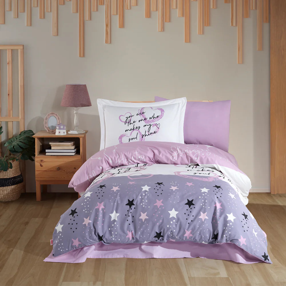 Lilac Poplin Cotton Duvet Cover Set with Pillowcase and Flat Sheet