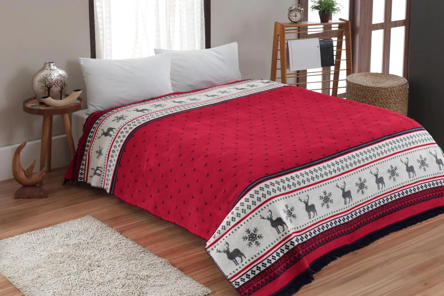 Double-Sided Cotton Blanket 200x220 cm - Reversible Carmelo Red & Navy Blue All-Season Bedding