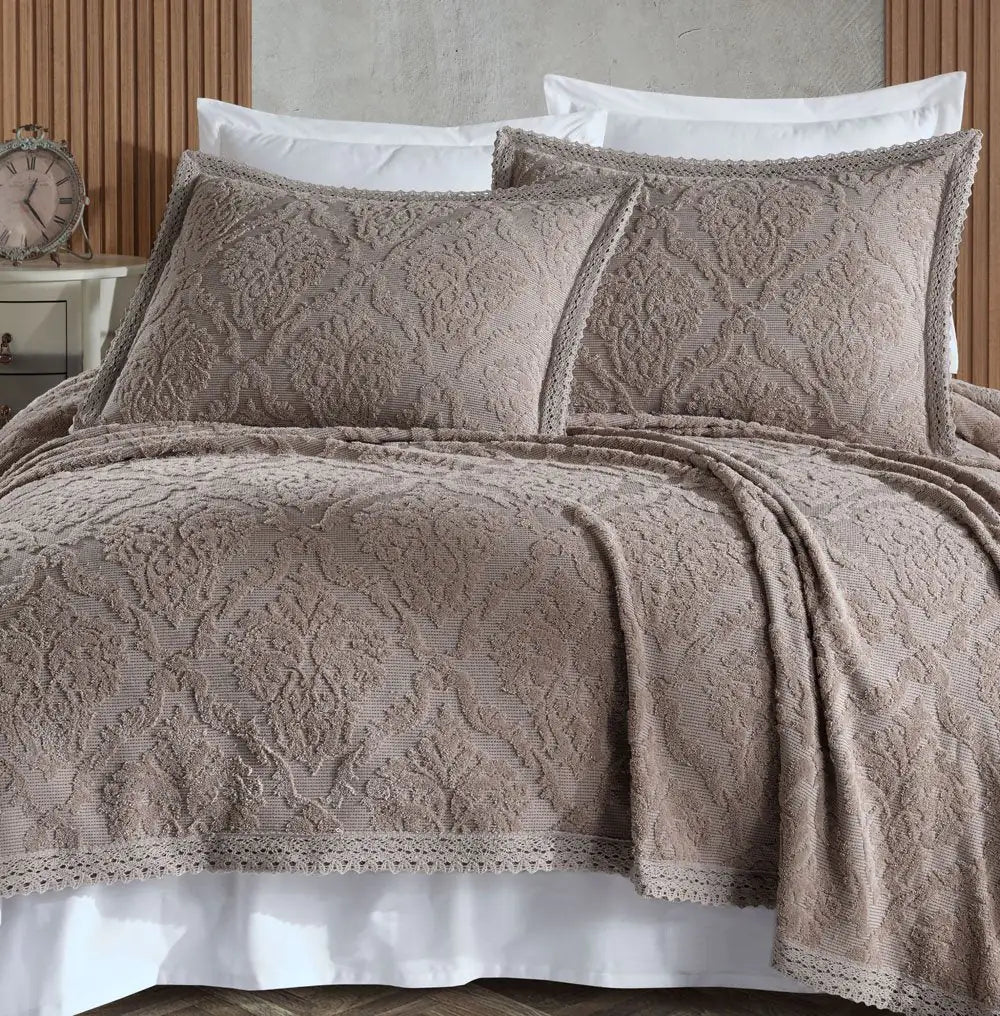 Hera Royal Coffee Cotton Bedspread Set with 2 Pillowcases