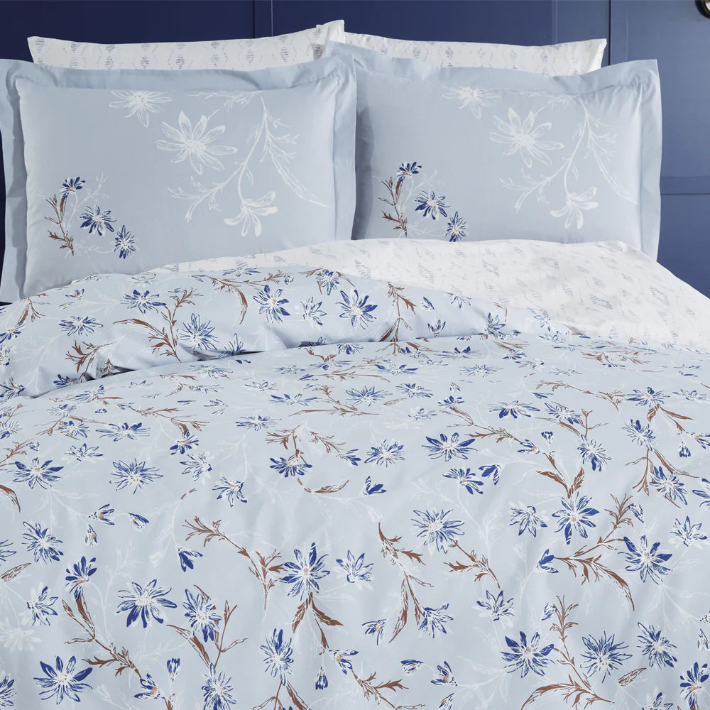 Navy Blue Floral 100% Cotton Poplin Double Duvet Cover Set with Pillowcases