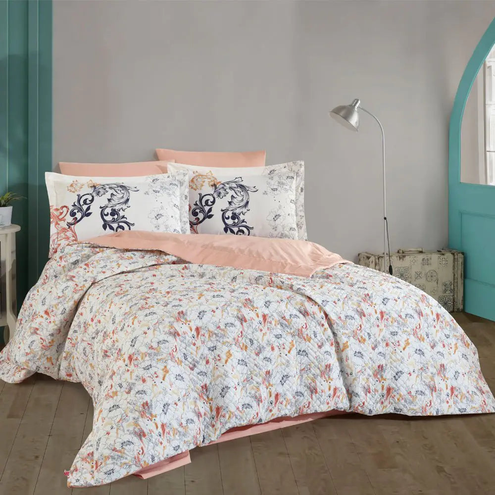 Salmon Double Poplin Quilted Duvet Cover Set - All-Season 100% Cotton