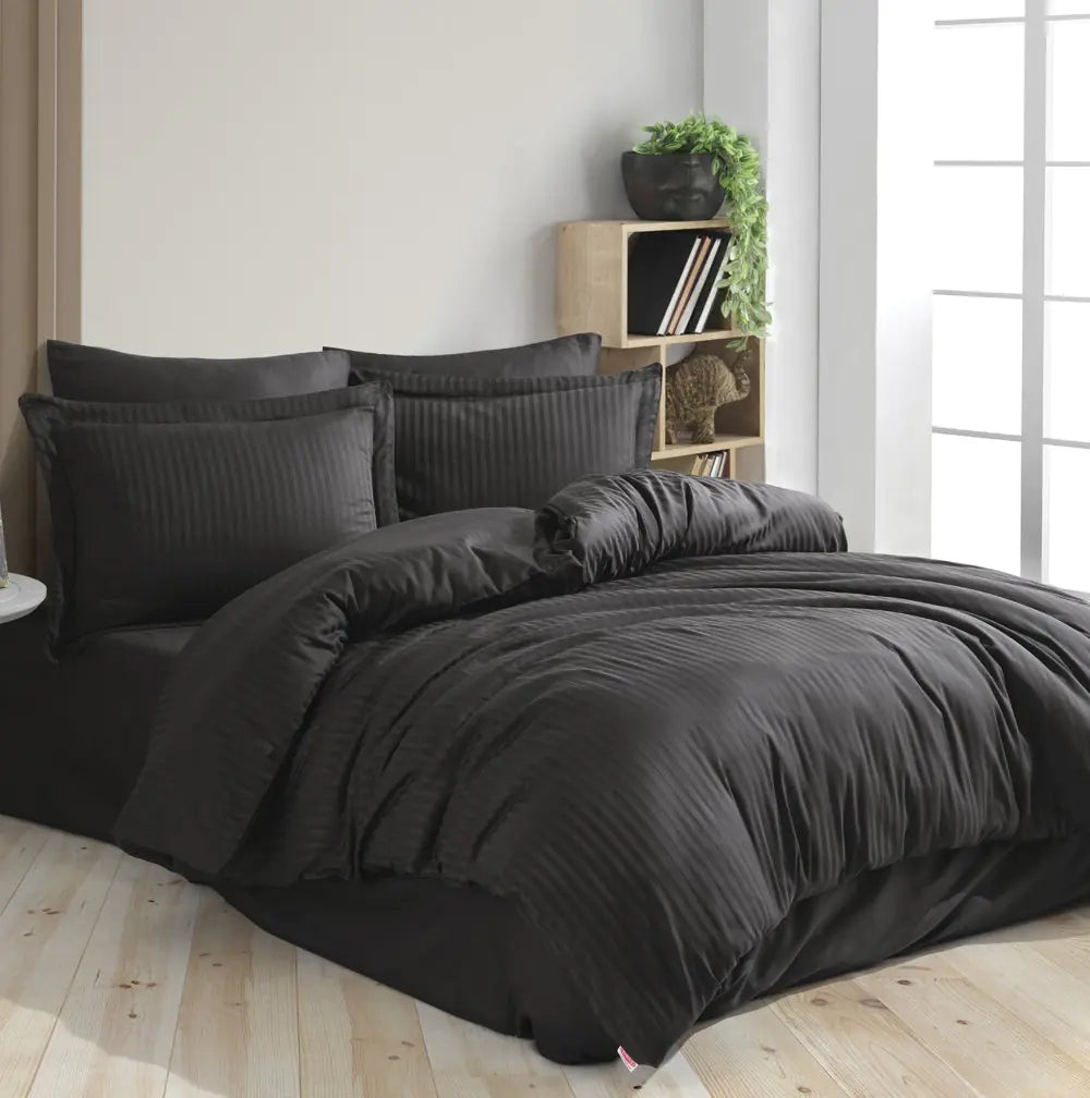 Black Striped Jacquard Satin Duvet Cover Set - Double Bed