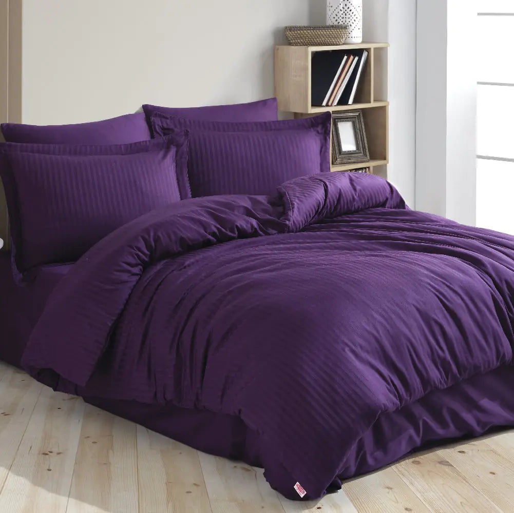 Purple Striped Jacquard Satin Duvet Cover Set - Double Size