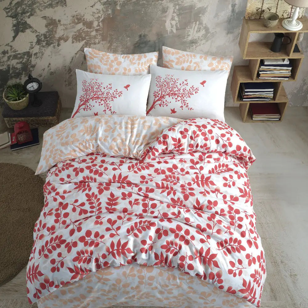 100% Cotton Single Duvet Cover Set - Red Floral Embroidered Bedding