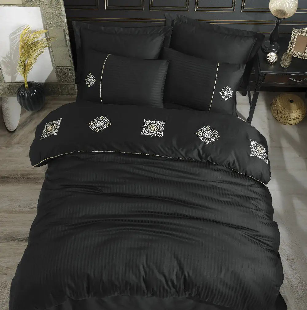 Navy Blue Double Embroidery Satin Duvet Bedding Set