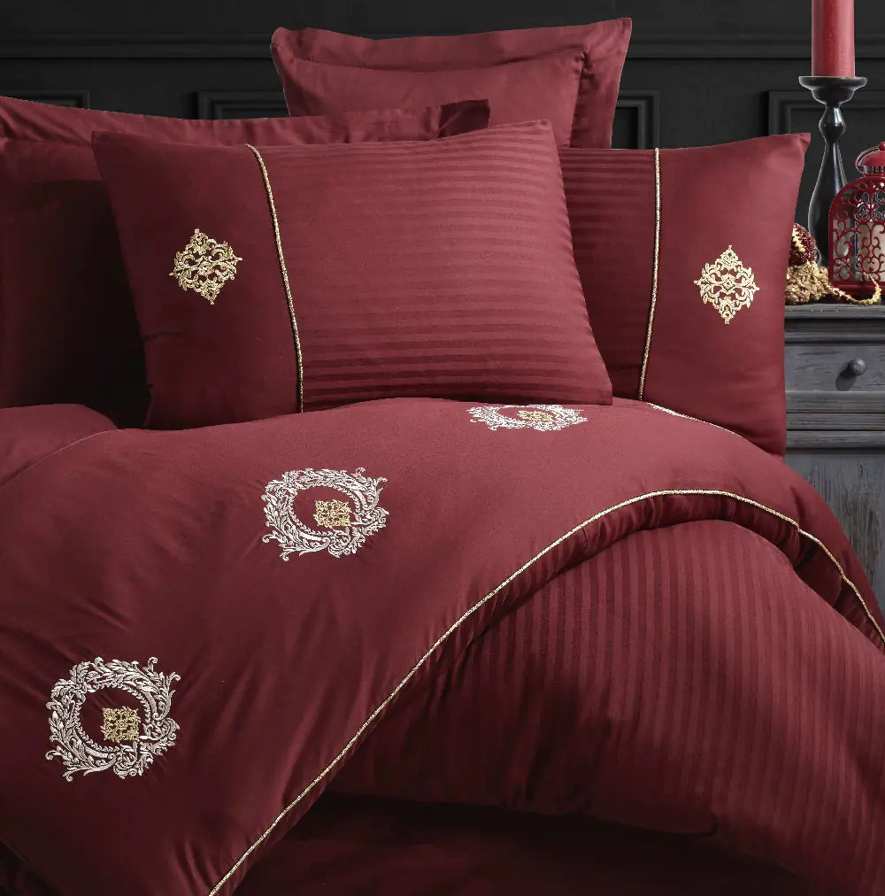 Satin Duvet Cover Set with Double Embroidery in Olympos Bordeaux