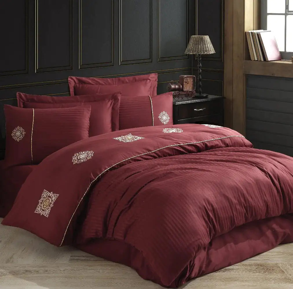 Bordeaux Double Embroidery Satin Duvet Cover Set