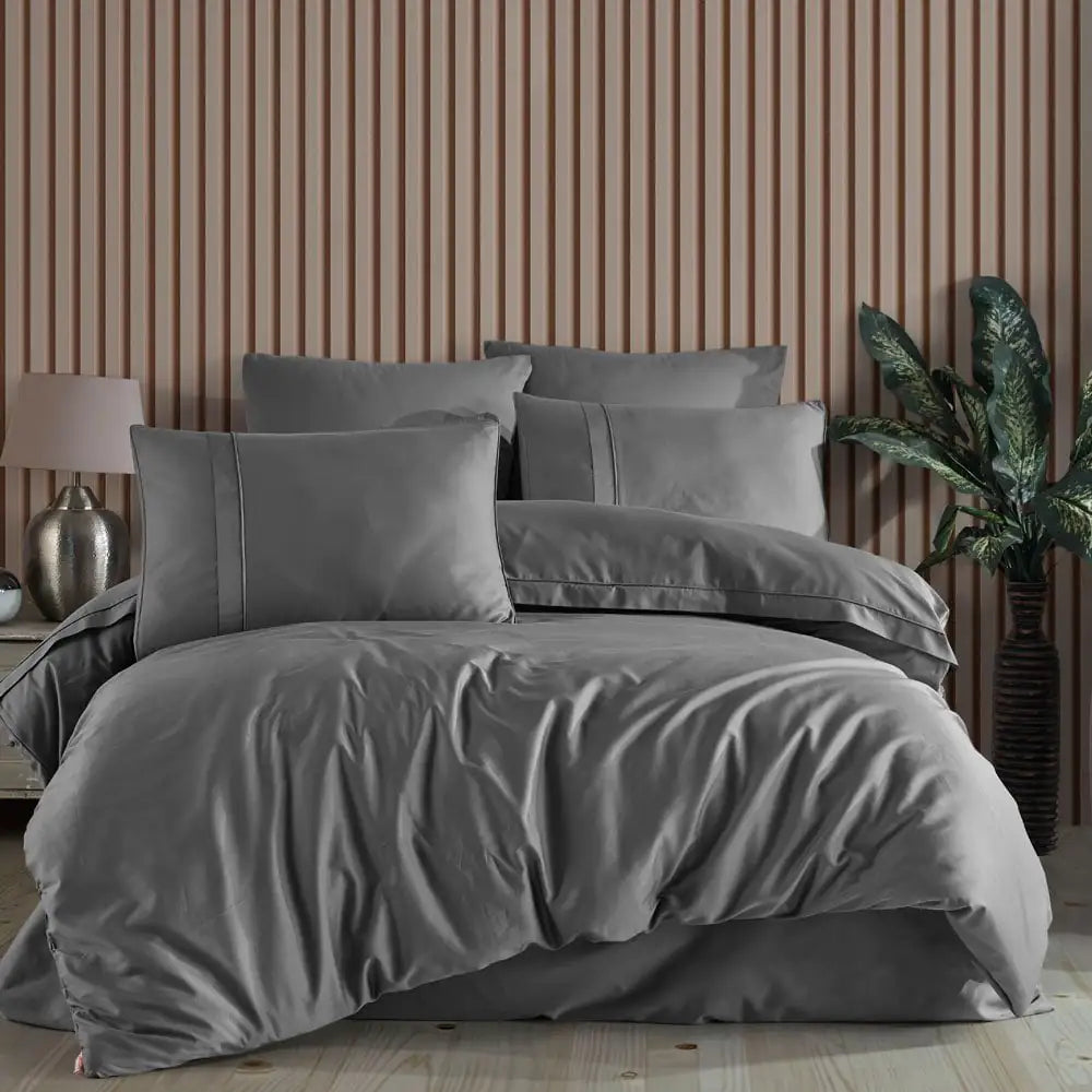 Luxury 300TC Satin Cotton Double Duvet Cover Set - Plain Gray