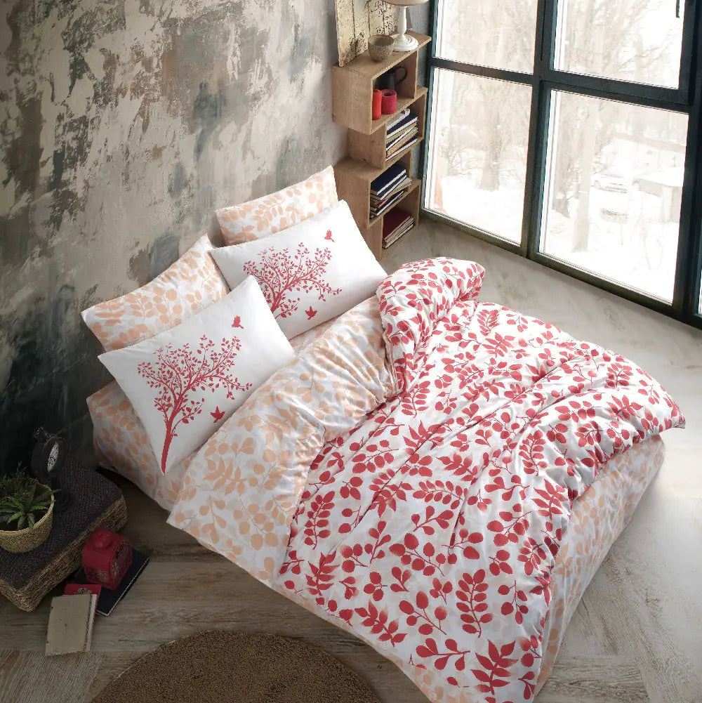 100% Cotton Single Duvet Cover Set - Red Floral Embroidered Bedding