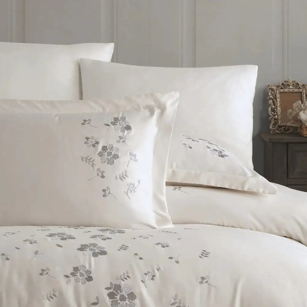 Double Embroidered Poplin Duvet Cover Set - Cream