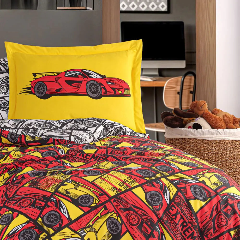 Red Hobby Cars Single Duvet Cover Set - 100% Cotton Bedding