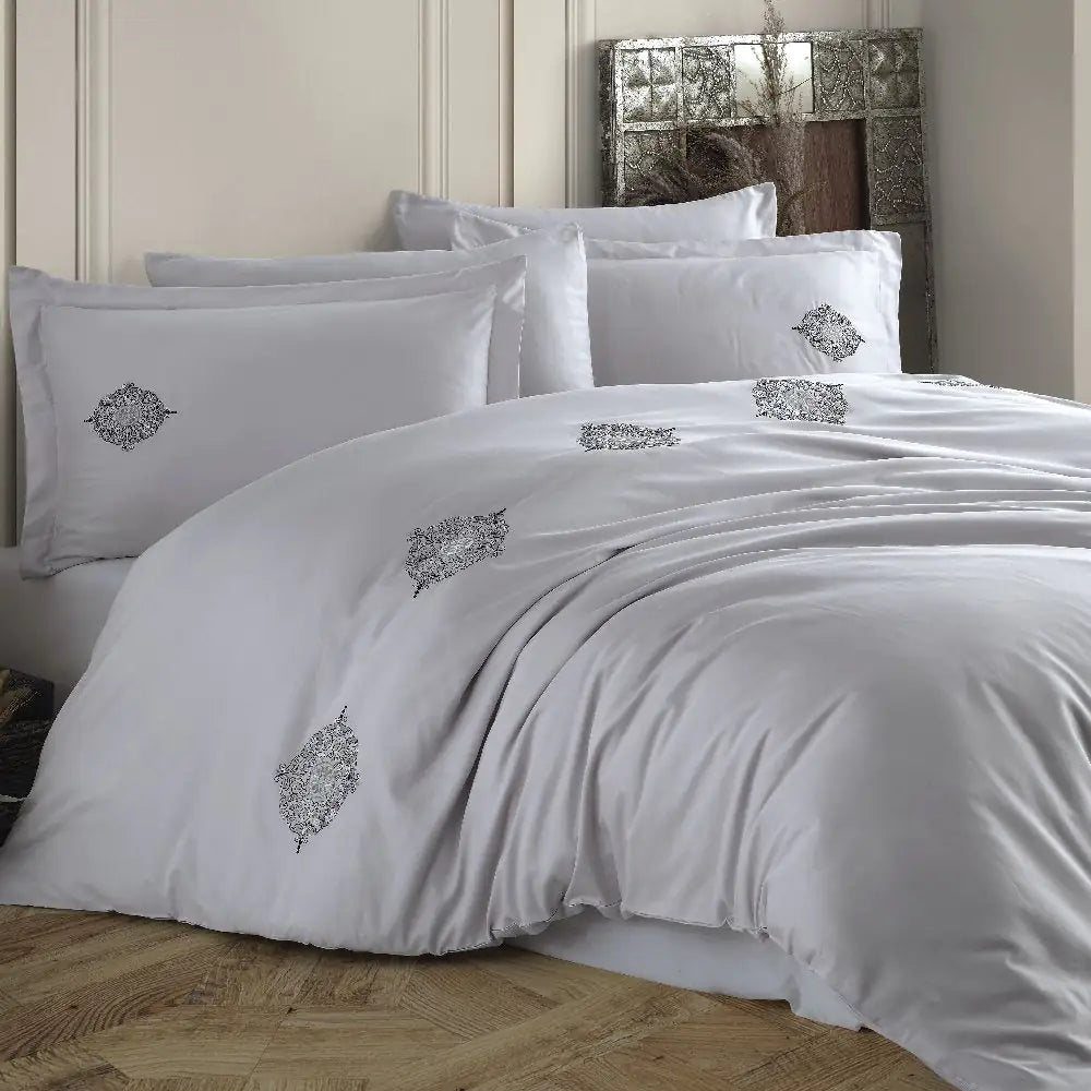 Azra Gray Cotton Poplin Double Embroidered Bedding Set