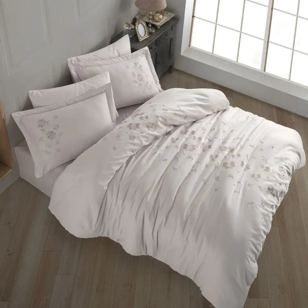 Double Embroidered Beige Poplin Duvet Cover Set - 100% Cotton Bedding