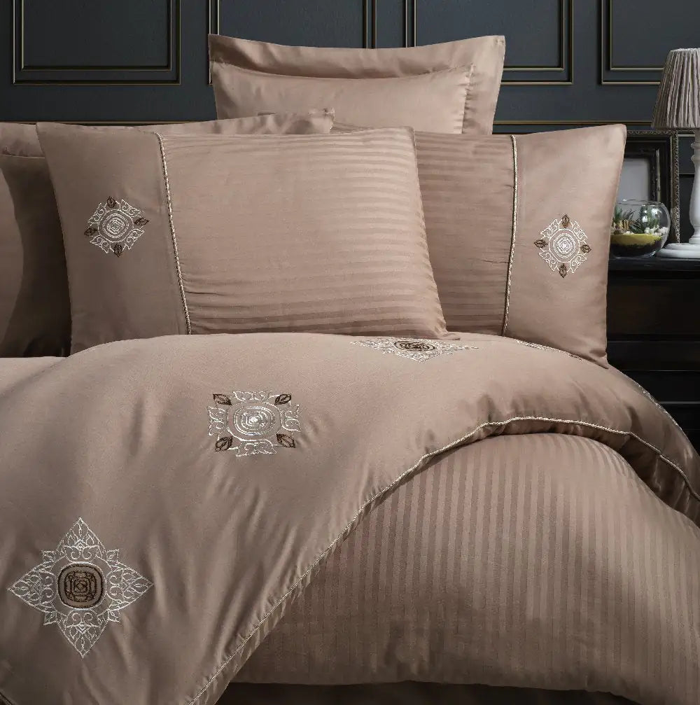 Double Embroidery Satin Duvet Cover Set - Zeugma Coffee