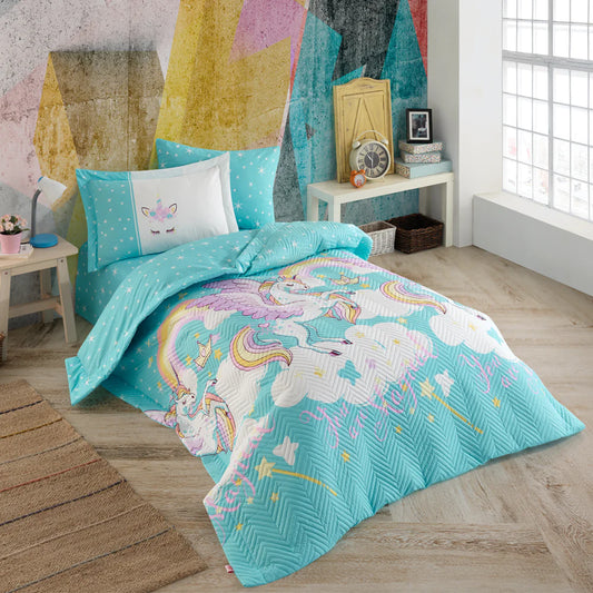 Hobby Magical Aqua 100% Cotton Capitone Bedding Set - 3-Piece (Duvet Cover, Flat Sheet, Pillowcase)