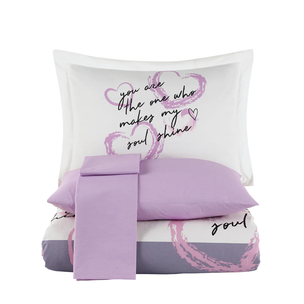 Lilac Poplin Cotton Duvet Cover Set with Pillowcase and Flat Sheet