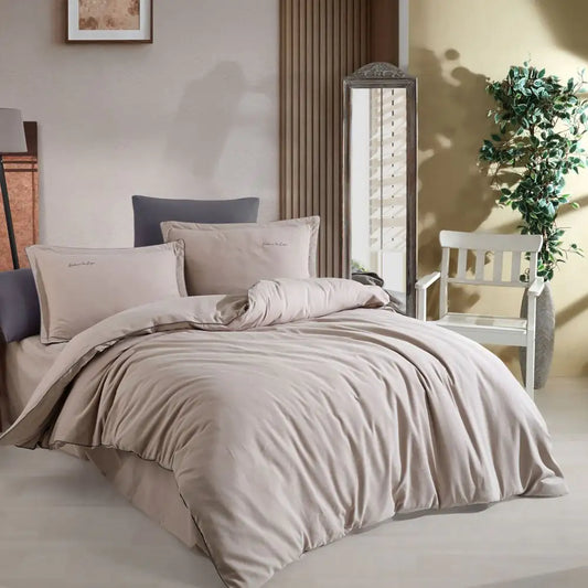 Stone Twill Double Duvet Cover Set - 100% Cotton with Embroidered Detailing