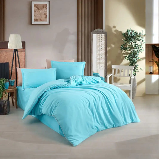 Hobby Twill Double Duvet Cover Set - 100% Cotton Aqua Bedding Set with Embroidered Details