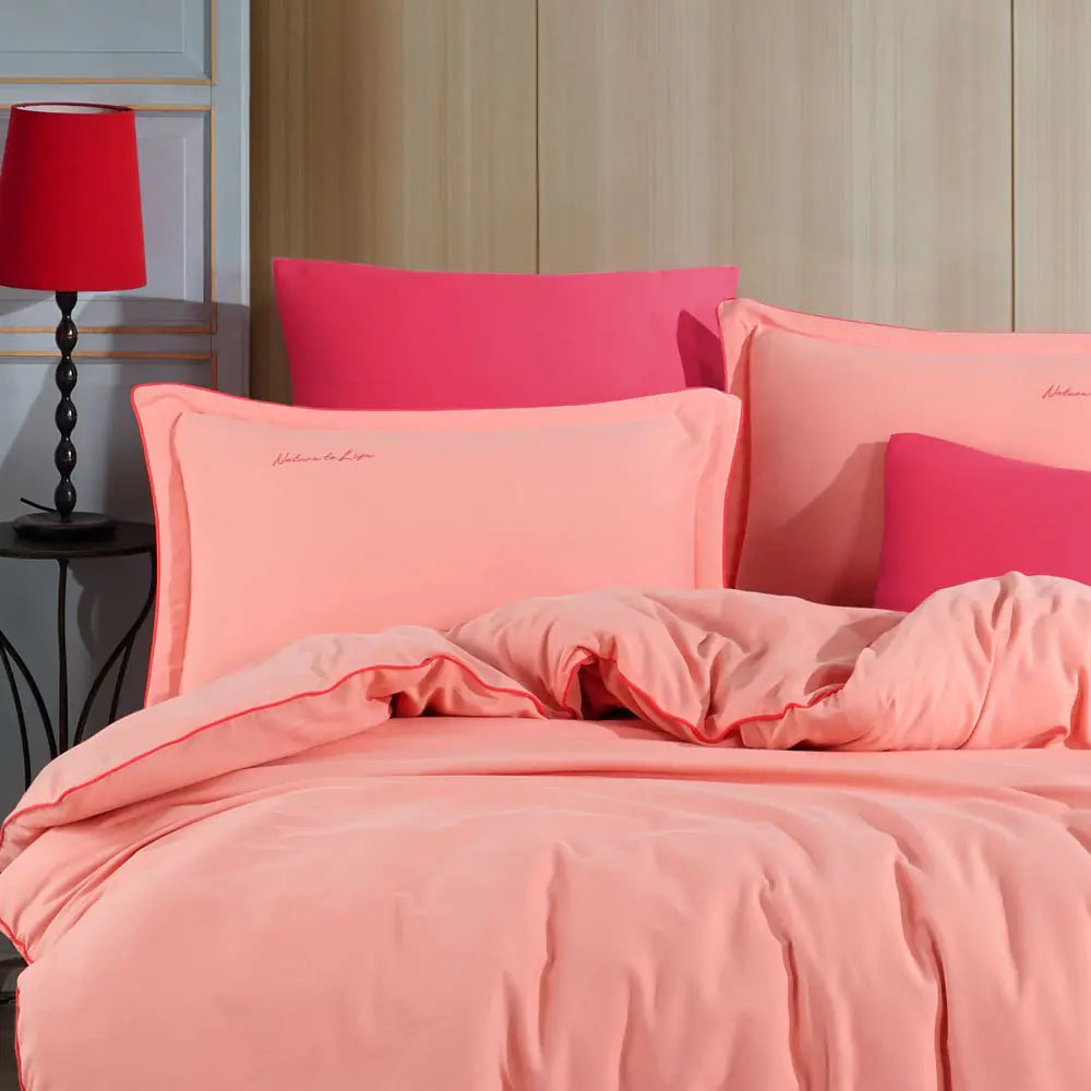 Salmon Twill Double Duvet Cover Set with Embroidered Pillowcases - 100% Cotton