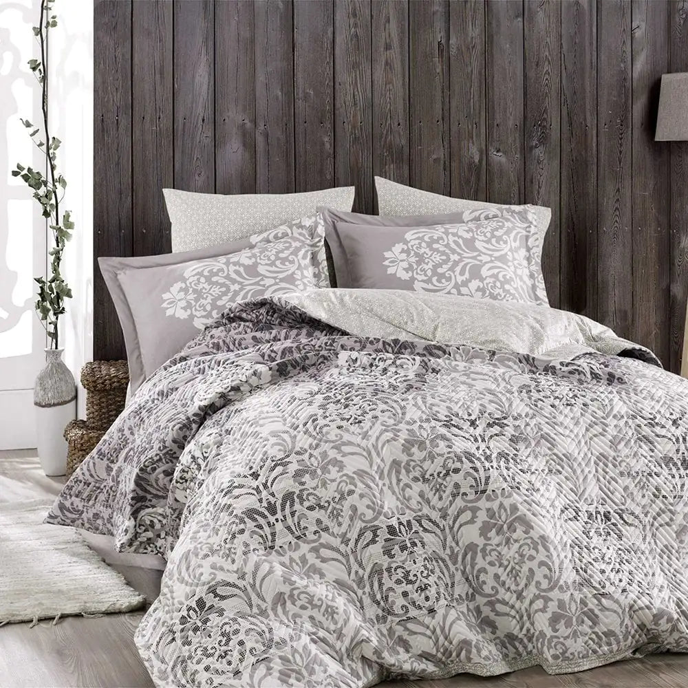 Serenity Gray Quilted Duvet Cover Set - Double Size 100% Cotton Bedding