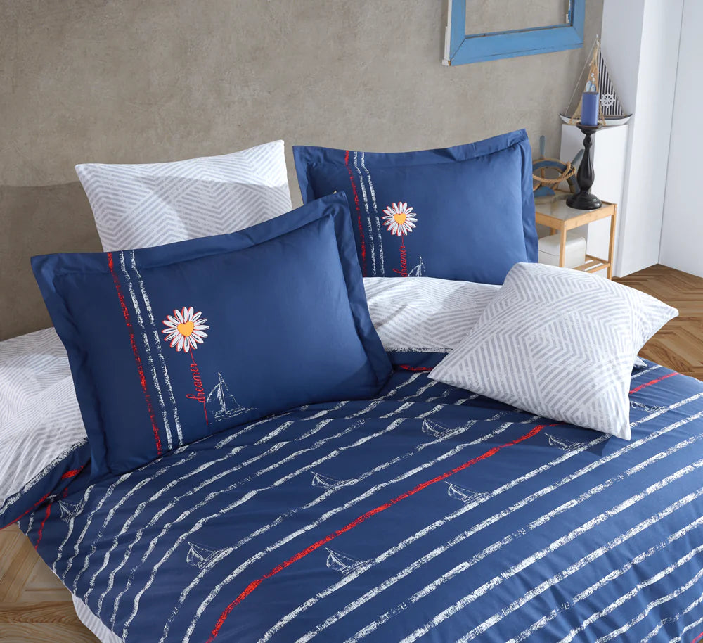 Navy Blue Poplin Double Duvet Cover Set with Flat Sheet & Pillowcases