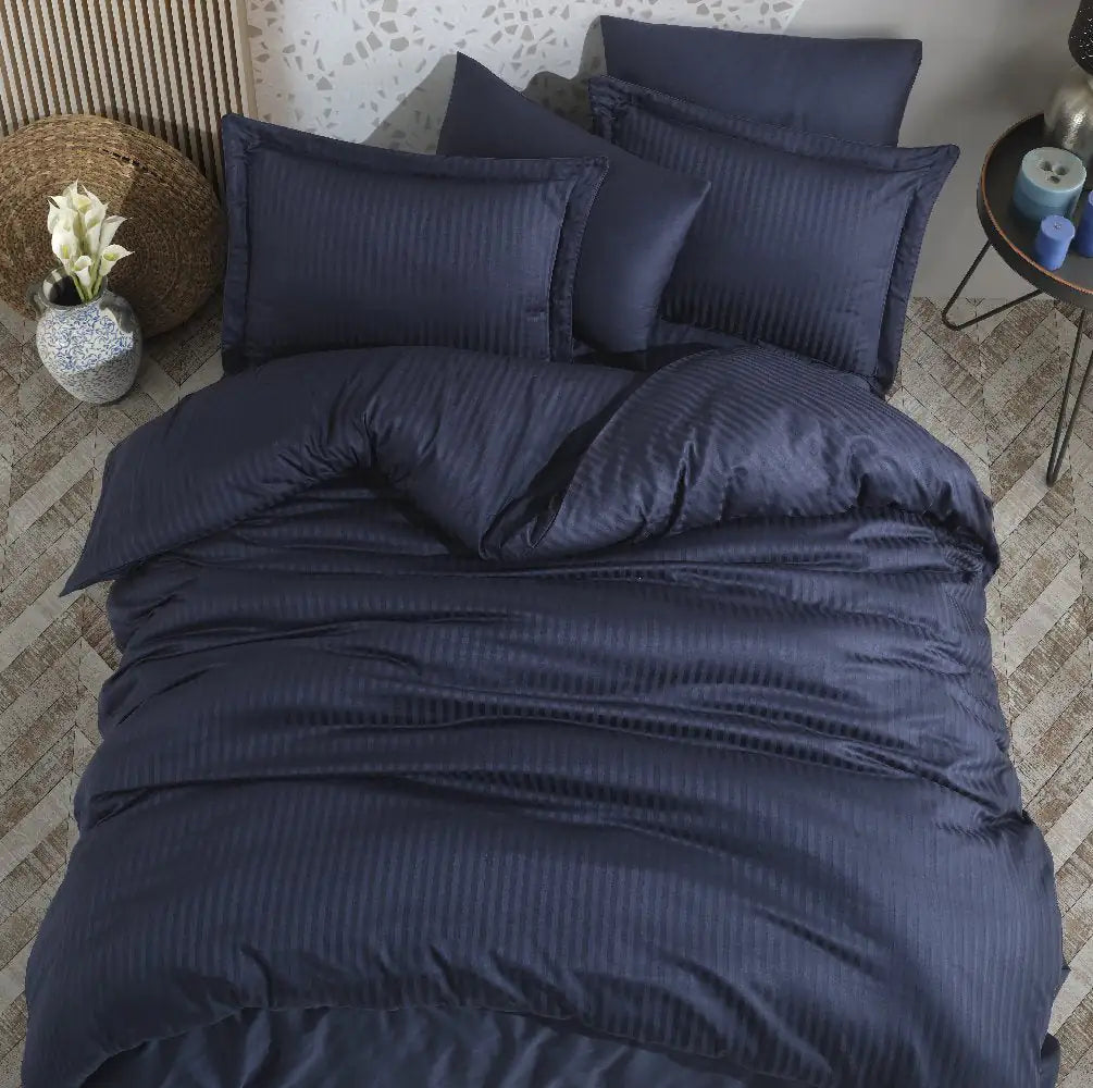 Navy Blue Hobby Striped Double Jacquard Satin Bed Linen Set