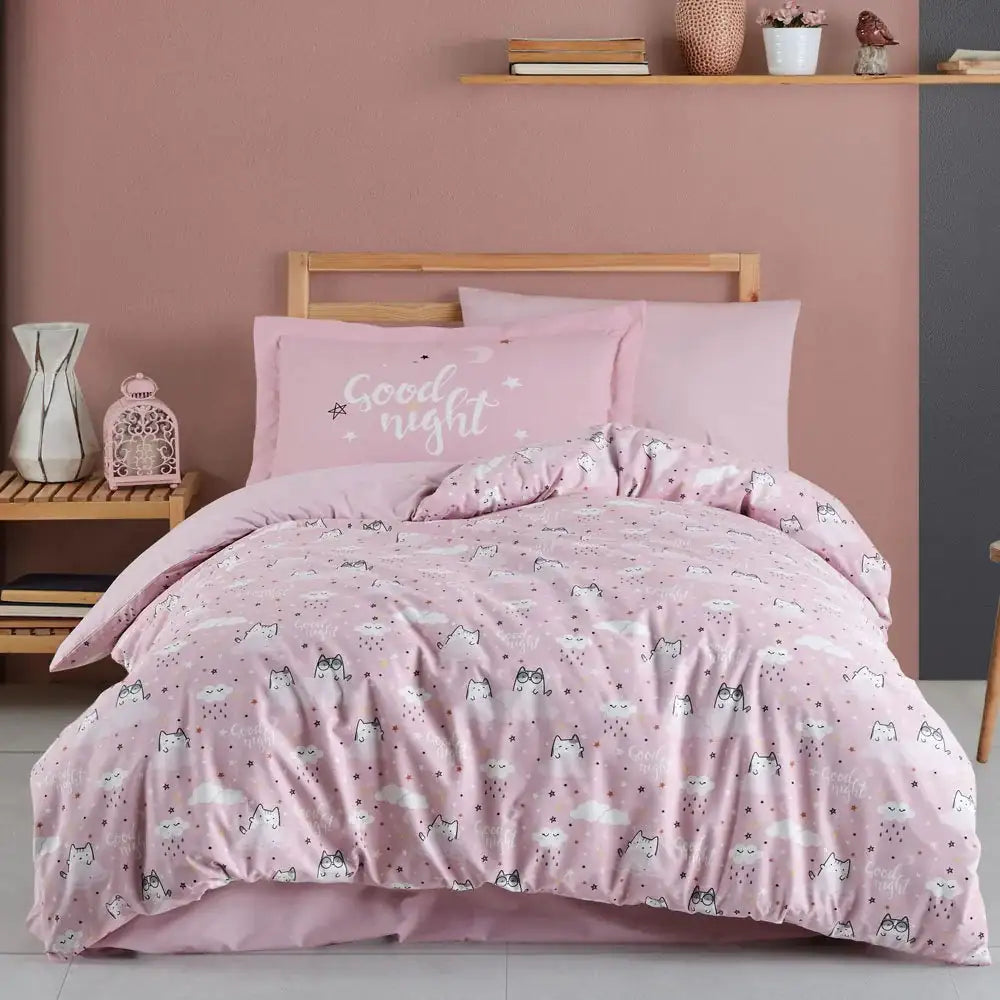 Hobby Daisy Pink Luxury 100% Cotton Poplin Duvet Cover Set with Pillowcase & Flat Sheet - 3-Piece Bedding Ensemble